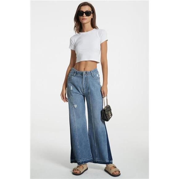 Women's Mid Rise Wide Leg Jeans Casual Baggy Wide Leg Flared Jeans Trendy - Picture 6 of 6